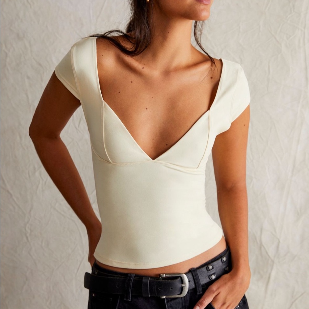 Free People Cream Deep V Cap-Sleeve Crop Top